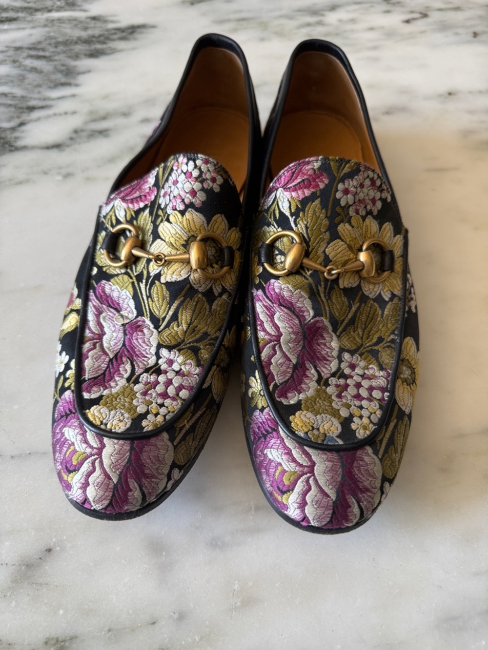 Gucci Black Loafers with Gold Horsebit and Pink Floral Embroidery - Picture 2 of 5